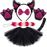 Katze Kostüm Kinder Tutu Rock mit Zubehör Tier Ohren Stirnband Fliege Tierpfoten Handschuhe Schwanz Kinder Halloweenkostüm Mädchen für Karneval Cosplay Verkleidung Halloween Fest Geburtstag(Stile 1)