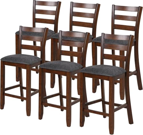 Butaco de bar NAFORT, altura de mostrador 25,5 pulgadas, patas de madera de caucho y cojín de tela, estilo granja moderno para isla de cocina, pub o restaurante, juego de 6 miniatura 1