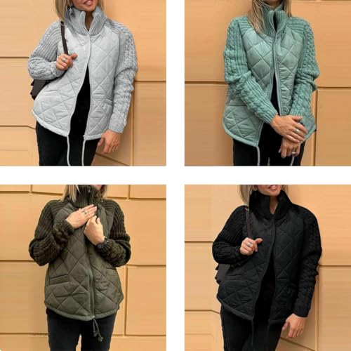 Women's Knit Patchwork Puffy Jacket,Casual Stand Collar Long Sleeve Zip Jacket,Women’s Winter Cropped Puffer Jacket Coat2