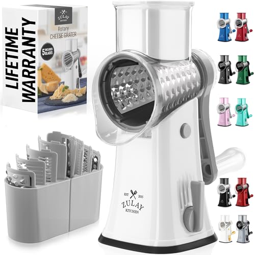 Image of Zulay Kitchen Rotary Cheese Grater 5 Blade Cheese Shredder - Manual Hand Crank Cheese Grater With Reinforced Suction & 5 Interchangeable Drums - Easy to Use, Vegetable Chopper Round Mandoline Slicer
