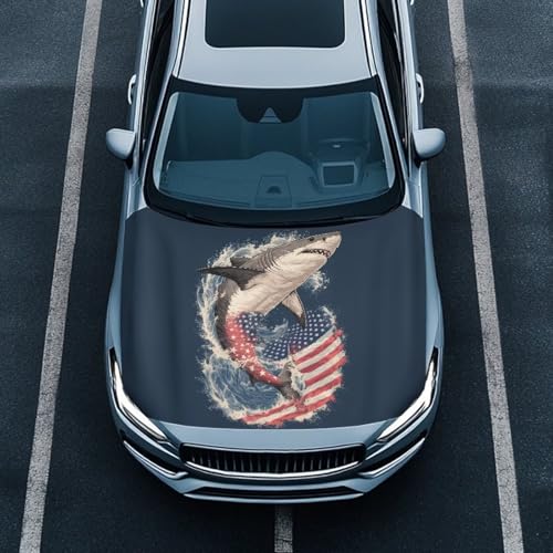 Image of Shark American Flag Car Hood Protector, Ocean Shark Rolling Wave Flag Car Bonnet All-Season Protection, Washable Auto Hood Cover Uniersal Fit for Most Sedans Trucks SUVs