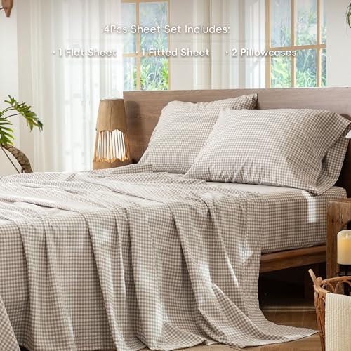 Image of MooMee Gingham Sheet Set 100% Washed Cotton Linen Like Textured Breathable Soft w /Fully Elasticized 16-19 inch Deep Pocket (Mini Gingham Tannish Linen Grey, Queen)