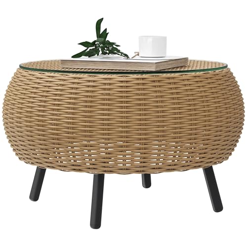 Outsunny Table d'appoint ronde en polyrotin - Table basse avec plateau en verre - Table de balcon -...