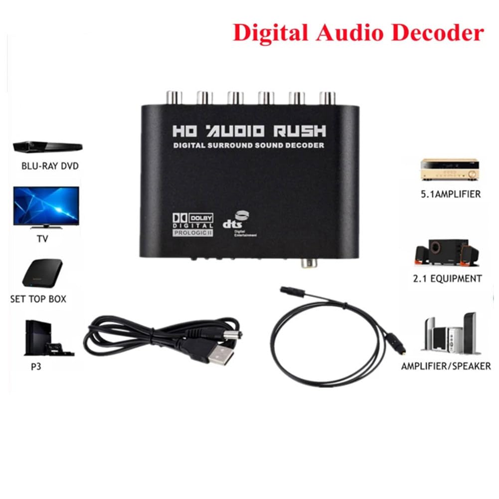 Digital zu Analog 5.1 Audio Decoder Verstärker + Glasfaserkabel SPDIF Koaxial zu AC3 Optischer Analog Converter für TV, Einfach zu Bedienen