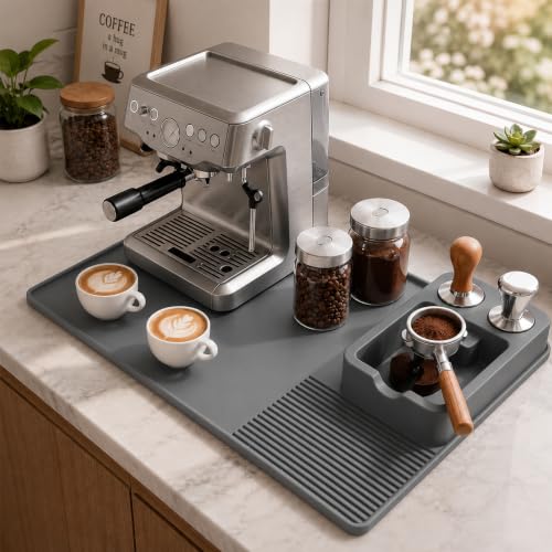 Image of Silicone Coffee Mat and Espresso Tamping Mat, Detachable Espresso Mat Accessories, Coffee Bar Mat Suitable for Use Under coffee Maker, Dish Drying Mat for Kitchen Countertop Protector, Gray