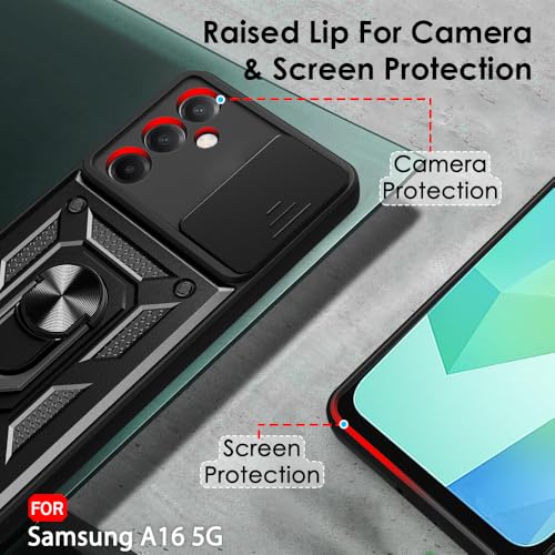 Image of TheGiftKart Tough Armor Bumper Back Cover Case for Samsung Galaxy A16 5G | Sliding Camera Cover, Kickstand & Ring Holder | 360 Protection Back Cover Case for Samsung Galaxy A16 5G (PC & TPU, Black)