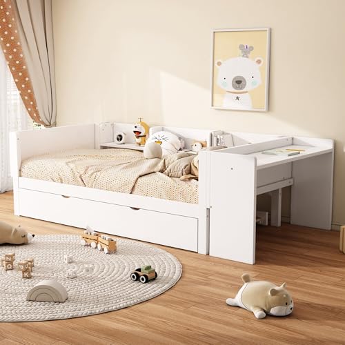 TIZZ Cama plana con escritorio con tres estantes extraíbles en el lateral de la cama 90 200 cm color