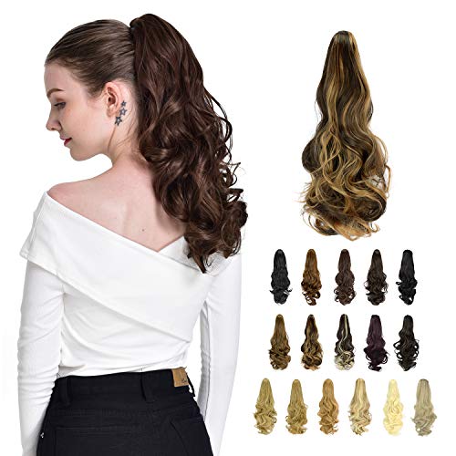 FESHFEN Ponytail Hair Extensions, 19 inch Clip in Ponytail Hairpieces Curly Claw Clip Ponytail Extensions Synthetic Ponytail Clip Long Hair Ponytail Hair Piece for Women