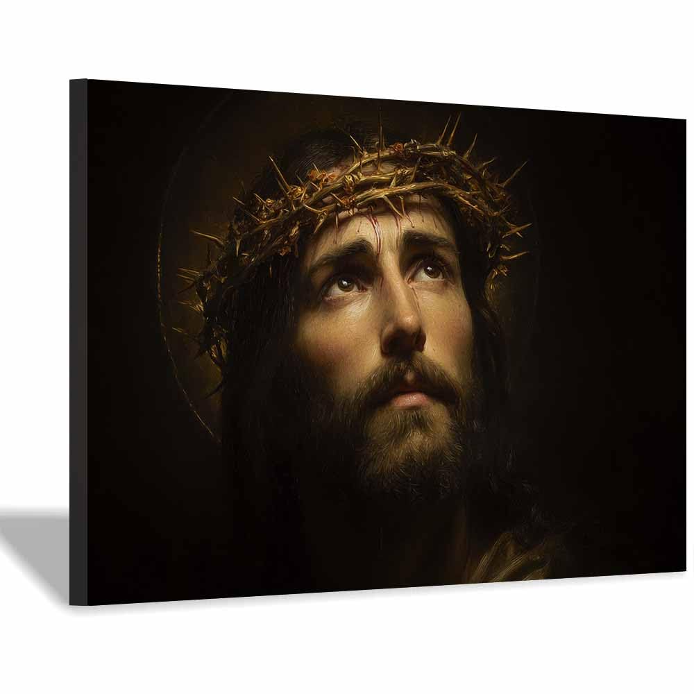 ZAMAEIU Christ Religions Canvas Wall Decor Wearing a crown of thorns Modern Abstract Religious Posters Prints for Living Room Bedroom Church Home Decoration(brown)-80x120cm Framed