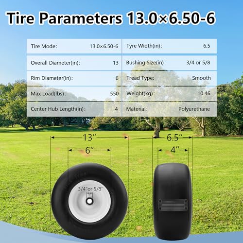 2 Pack 13x6.50-6 Tires Flat Free for Zero Turn Lawn Mower by PANDEELS, 13x6.50x6 Solid Smooth Tire and Wheel with Grease Fitting, 4\"-7.2\" Centered Hub, 3/4\" Ball Bearings with 24 Adapter Kits