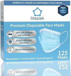 Litepak 125-Pack 3-Ply Disposable Face Masks with Adjustable Nose Clip, Soft Earloops & Dispenser Box - Blue, Comfortable Procedure Masks