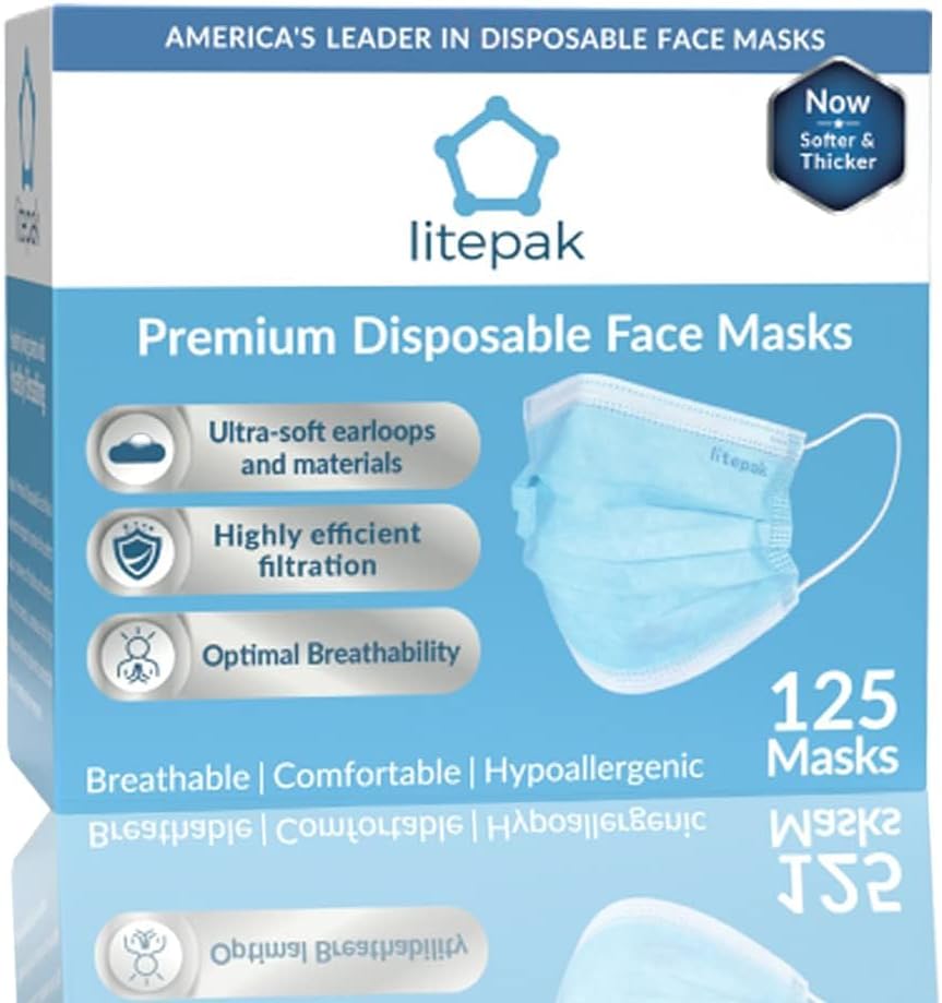 (125ct Box) Disposable Face Mask Premium Soft Earloop 3-Ply Hypoallergenic Medical Surgical Dental Flu Procedural (125 Masks (1 Box), Blue)
