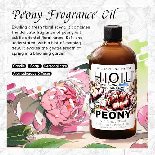 Image of HIQILI Peony Fragrance Oil for Diffuser, Candle & Soap Making - 5.07 Fl Oz | Idea for Making Women's Perfume, Car Air Freshener, Skin & Body Care - 150 ML