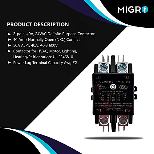 Migro 2 Pole 40 Amp Heavy Duty Ac Contactor Replaces Virtually All Residential 2 Pole Models (5- Year Warranty Upgraded Increased Silver Alloy Content Up To 27% (Agcdo12)) #TOP1