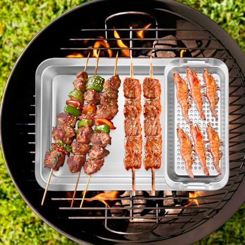 Lunaanda Grillkorb Set Edelstahl, 3 Grillkörbe mit Serviertablett und Universalgriff, BBQ Grillzubehör für Fisch Gemüse Fleisch, Gemüsekorb für Gasgrill Holzkohlegrill