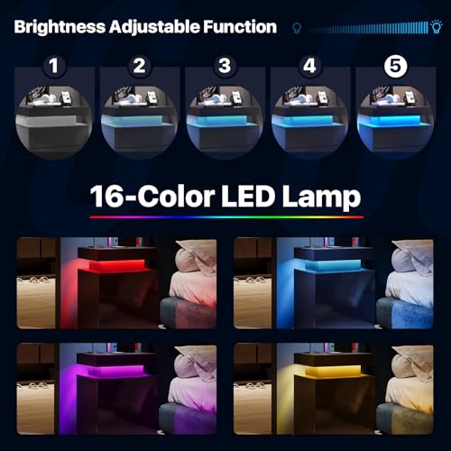 Oneinmil Nightstand Set Of 2, Led Nightstand With One Cabinet, Bedside Table With Led Lights, Modern End Side Table For Bedroom thumb #2