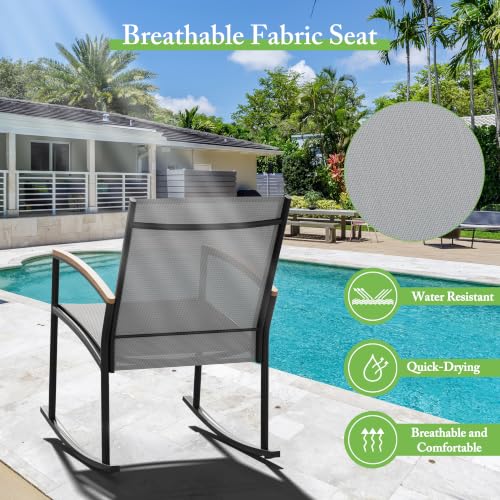 Image of Shintenchi 3 Pieces Patio Rocking Bistro Sets,Outdoor Textilene Fabric Conversation Bistro Set,Front Porch Rocker Chairs Small Patio Furniture Set with Table for Lawn,Garden,Balcony(Light Gray)