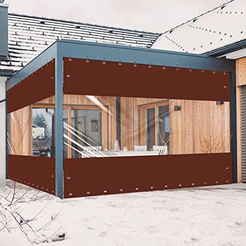 Ezcasch 20 Oz Outdoor Vinyl Curtain, Outdoor Clear Panel Curtain, Weather Resistant Outdoor Curtain for Pergola, Porch, Gazebos, with Rustproof Grommets (8'H x 7'W, Brown)