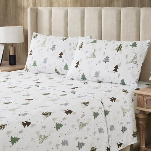 Sweet Home Collection Flannel Christmas Sheet Set, Lodge Christmas Trees Queen, Deep Pocket Soft Brushed Microfiber Holiday Bedding with Fitted Sheet, Flat Sheet & Pillowcase(s)