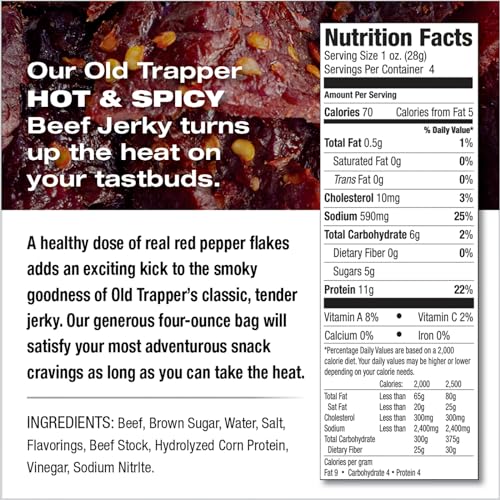 Image of Old Trapper Beef Jerky, Hot & Spicy 1 /4-Pound Individual Package, Savory and Spicy Meat Snacks for Lunches or Between Meals, 11 Grams of Protein and 70 Calories per Serving (Pack of 8)