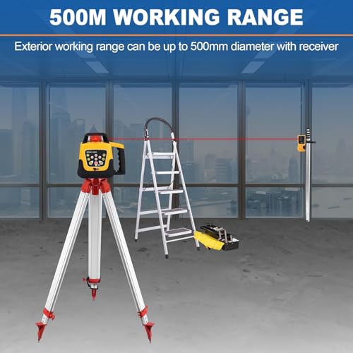 Kit de nivel giratorio de 360° con rango de 500 m autonivelante para construcción al aire libre, incluye trípode de topografía y personal de 5 m