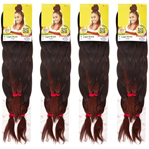 4 PACK Colour T1/35 XPRESSION LAGOS BRAID Pre-Pulled Hair Extension, 46″ Pack (2 IN A PACK), Colour T1/35, Black and Medium Auburn, Heat Resistant, Tangle Free Cover