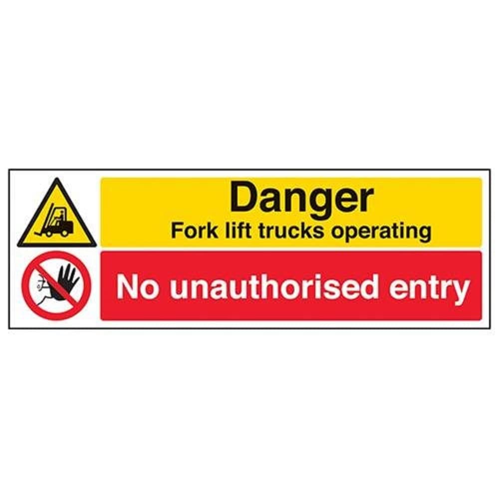 V Safety Danger Fork Lift Trucks Operating No Unauthorised Entry Sign - 450mm x 150mm - 2mm Rigid Plastic
