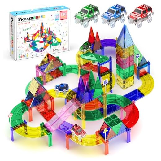PicassoTiles 128 Piece Race Car Track Building Block Educational Toy Set Magnetic Tiles Magnet Playset 3 LED Car STEM Learning Construction Kit Hand-Eye Fine Motor Skill Training Brain Development