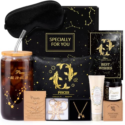 14PCS Pisces Birthday Gifts for Women 12 Pisces Zodiac Gifts for Women Bakets Get Well Gifts for Woman Friends Female Friendship Pis Astrological 16 oz Glass Cups with Gift Set Box