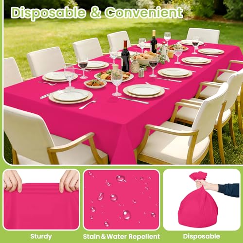 Image of Mulbozy Hot Pink Plastic Table Cloth Disposable 4 Pack, 54 x 108 Inch Tablecloths Rectangle, Dark Pink Plastic Table Cover for Party Decor