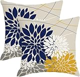 AWJTNCQ Navy Blue and Yellow Grey Dahlia Floral Pillow Covers 18x18 Set of 2 Outdoor Modern Geometric Gray Flower Throw Pillows Cover Summer Linen Decorative Cushion Case for Couch Bed Decor