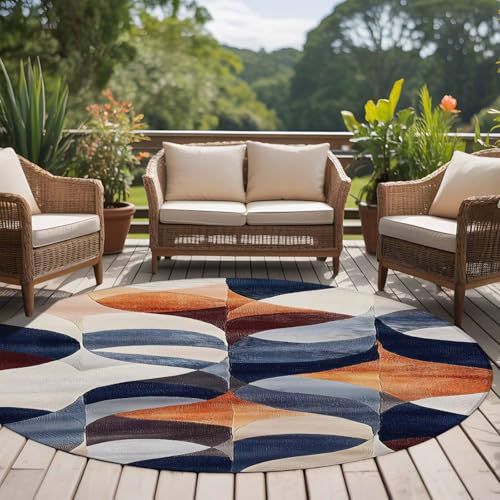 Tapete redondo 6ft azul marino naranja quemado antigolpes lavable miniatura 5