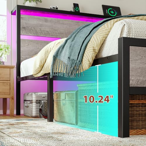 Image of Homkdom Metal Queen Bed Frame with LED Storage Headboard & USB Ports Grey | Underbed Storage for Saving Space, Noise-Free Quiet Sleep Setup for Master Bedroom, Couples & Modern Apartments