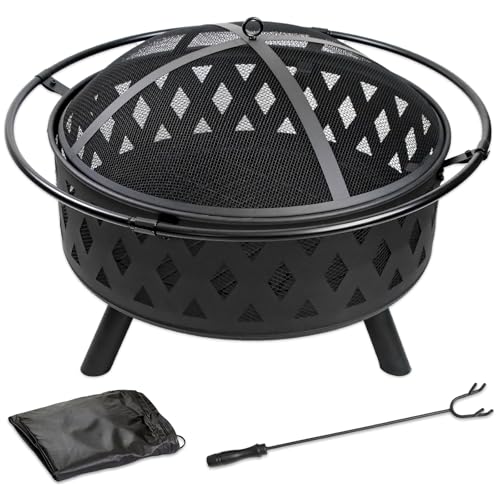 Quilushey 32 Inch Fire Pit Outdoor Burning Stove, 2 in 1 Metal Round Fireplace for Outside Bonfire Party, BBQ, Camping, Backyard, Patio, Garden w/Fire Poker, Spark Screen, Grate, Cover (Rhombic)