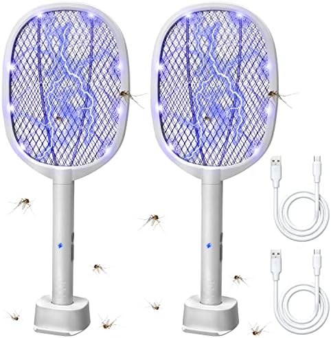 Lulu Home 2-in-1 Electric Bug Zapper Racket, 2 Pack 3000V High Voltage LED Lighted Handheld Mosquito Swatter with 3 Layer Safety Mesh, USB Charging Portable Fly Killer Racquet