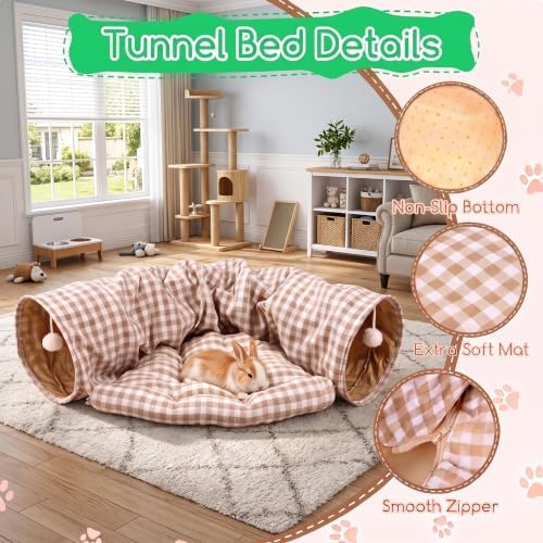 Bunny Tunnel Beds, 탈착식 매트가 있는 2-in-1 토끼 은신처, 체크 무늬 — 사진 5