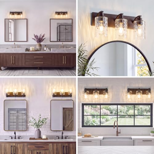 Image of 3-Light Bathroom Light Fixtures Modern ORB Vanity Lights | Easy to Install Clear Hammered Glass Shades, Rippled Glow, Wall Mount Up or Down, E26 Socket, Hardwired, 120V