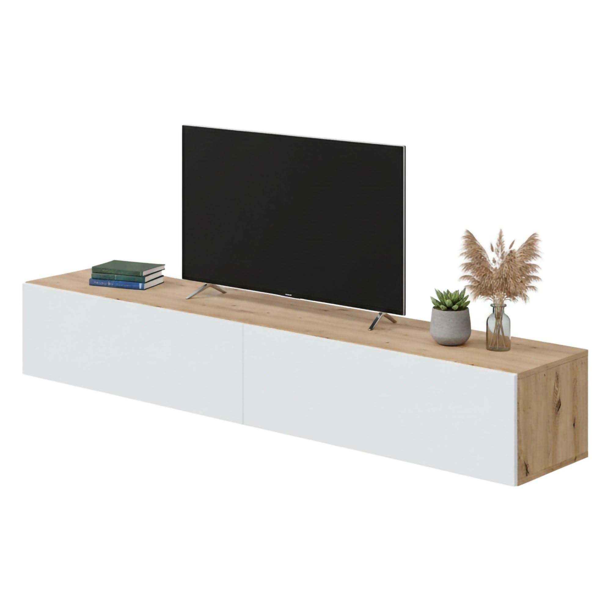 Dmora - Mobile porta TV Vincennes, Porta TV a 2 ante, Mobile sospeso soggiorno, 180x35h28 cm, Rovere Nodi e Bianco