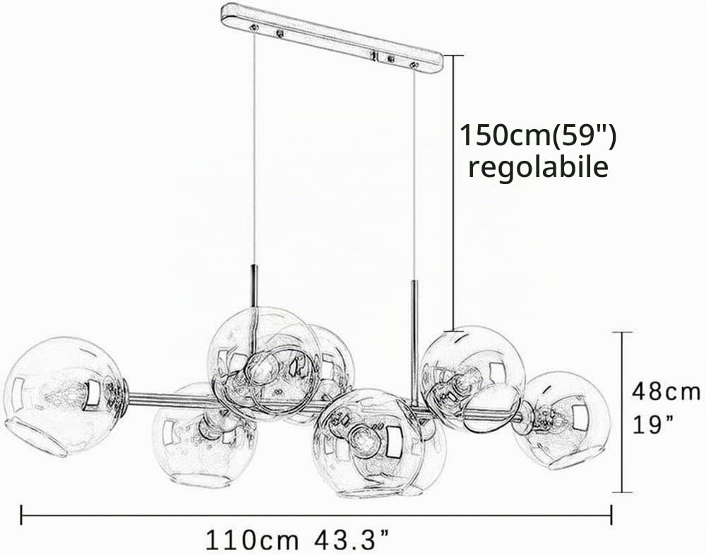 E27 8-leggero Illuminazione A Sospensione, Lampadario A Sfera In Vetro Bolla Moderna Creativo Metallo Industriale Illuminazione Industriale Sala Da Pranzo Soggiorno Nero Fumo Grigio 110 Cm