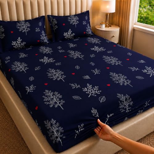 Image of Castiqa Elastic Fitted Supersoft Premium Polycotton 200TC King Size Bedsheet with 2 Pillow Covers (Fits up to 8 Inches Mattress) (Navy Tree, 72x78x8 Inch)