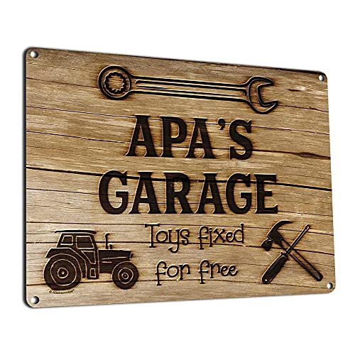 Apa's Garage Toys Fixed for Free, 11.5 x 15.5 Inch Aluminum Sign, Vintage Workshop and Garage Signs Wall Decor, Gifts for Papa, Papu, Pop, Woodworking, Woodturning, Cabinet Maker, Mechanic