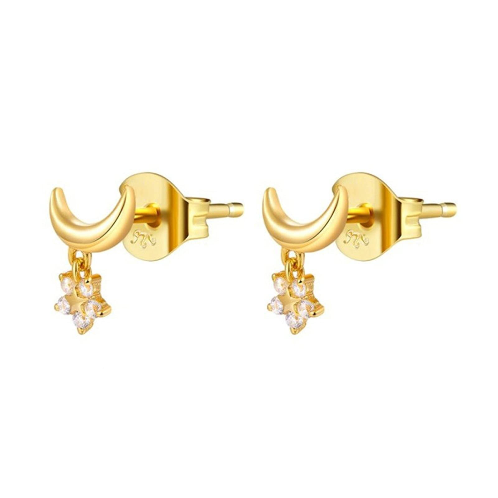 Feng Shui Pendientes para Mujer Chapados en Oro, Pendientes de Plata de Ley 925 Pendientes para Mujer Pendientes de Plata Luna y Estrella con Circonitas