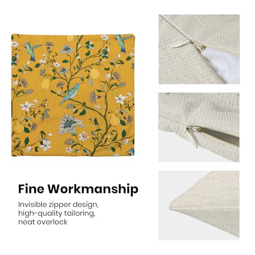 Vintage Mustard Yellow Floral Pillow Covers 16x16 Inch Set of 2 Boho Blue Hummingbird Wildflower Throw Pillows Spring Summer Chinoiserie Pillowcases Outdoor Decor Linen Cushion Covers for Couch Sofa — view 6