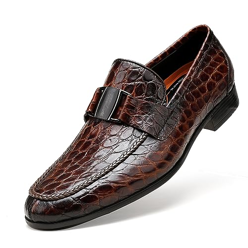 Image of Mens Leather Penny Loafers, Classic Crocodile Printed Business Dress Shoes with Metal Buckle Slip on Penny Shoes for Mens