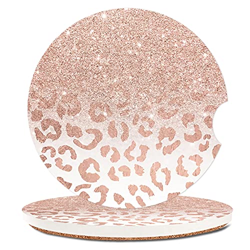 Trendy Rose Gold Glitter Leopard Absorbent Cup Holders Car Coasters,Ceramic Stone Drinks Coaster Set for Women Man 2.56'(2 Pack)