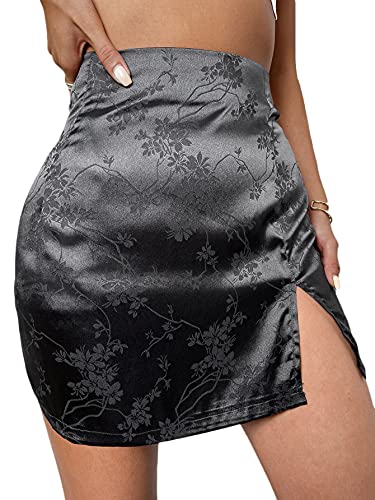 SheIn Women s Jacquard Side Split Slit Stain High Waist Mini Short Silk Skirt Black Small