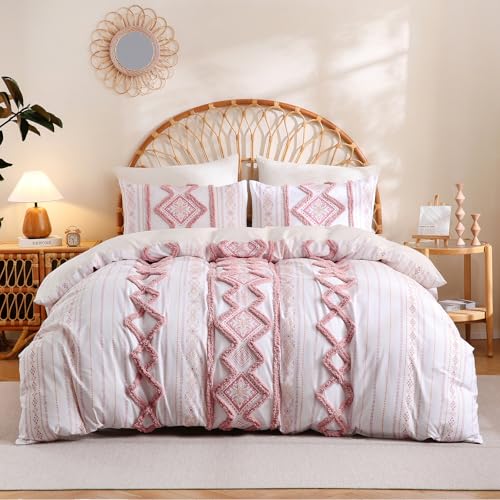Image of Herside 100% Cotton Boho Duvet Cover Set King Size,Shabby Chic Aztec Western Pink Tufted Bedding,Farmhouse Luxury 3 Piece Textured Quilt Duvet Set for All Season Home Decor