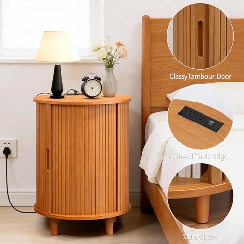 Image of DHH End Table Set of 2 with Storage & Charging Station, Fluted Accent Side Table with Sliding Door & Adjustable Shelf, Mid-Century Nightstand for Small Spaces, Living Room, Bedroom(2, Yellow Walnut)
