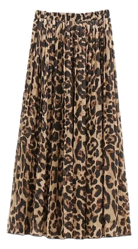 Elastic Waist Women's Pleated Chiffon Maxi Skirt Bohemian Long A-Line Leopard Print Beachwear