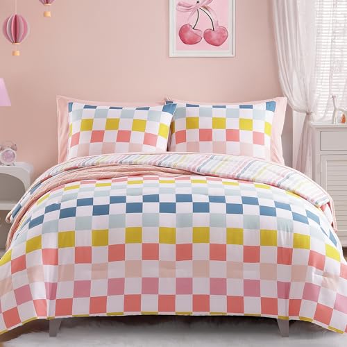 Wink Deer Twin Comforter Set for Girls-5 Pieces Colorful Checkered Twin Bedding Sets for Kids Soft Bed in A Bag with Striped Sheets
